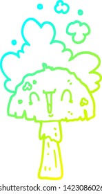 dibujo de línea de gradiente frío de un hongo de dibujos animados con nubes de cuchara