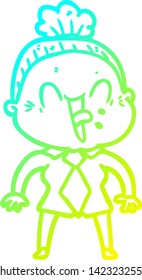 cold gradient line drawing of a cartoon happy old woman