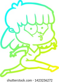 cold gradient line drawing of a cartoon woman running