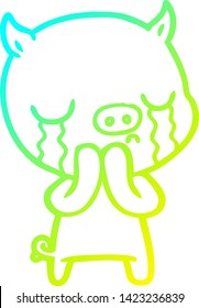 cold gradient line drawing of a cartoon pig crying