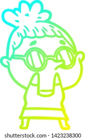 cold gradient line drawing of a cartoon woman wearing glasses