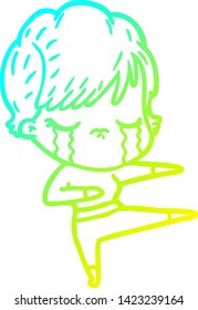 cold gradient line drawing of a cartoon woman crying