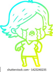 dibujo en línea de gradiente frío de una niña de dibujos animados llorando