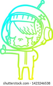 cold gradient line drawing of a cartoon crying astronaut girl making thumbs up sign