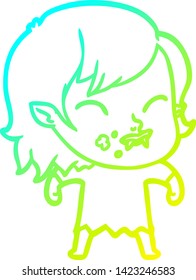 cold gradient line drawing of a cartoon vampire girl with blood on cheek