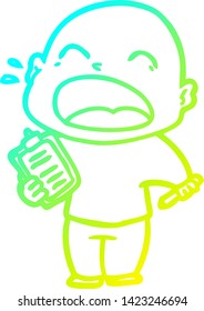 cold gradient line drawing of a cartoon shouting bald man