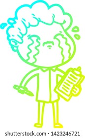 dibujo de una línea de degradado frío de un hombre de dibujos animados llorando