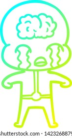 dibujo de línea de gradiente frío de una caricatura de un gran alien del cerebro llorando