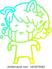 cold gradient line drawing of a cartoon crying alien girl