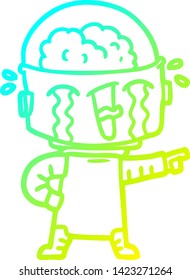 dibujo de línea de gradiente frío de un robot llorando de caricatura apuntando