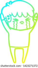 dibujo de una línea de gradiente frío de un niño de caricatura llorando
