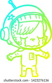 cold gradient line drawing of a cartoon crying astronaut girl