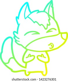 cold gradient line drawing of a cartoon wolf whistling