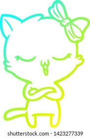 cold gradient line drawing of a cartoon cat with bow on head