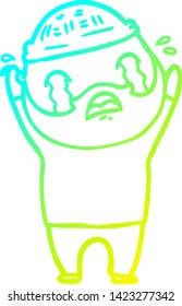 dibujo de línea de gradiente frío de un hombre barbudo de caricatura llorando