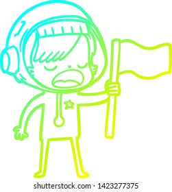 cold gradient line drawing of a cartoon astronaut woman waving flag