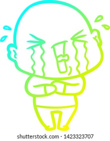 cold gradient line drawing of a cartoon crying bald man