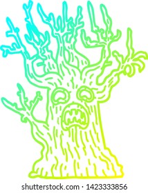 cold gradient line drawing of a cartoon spooky tree
