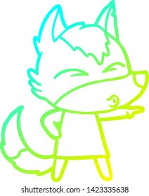 cold gradient line drawing of a cartoon wolf girl whistling and pointing