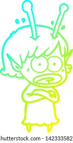dibujo en línea de gradiente frío de una niña alienígena impactada