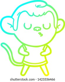 dibujo de una línea de degradado frío de un mono calmo de dibujos animados