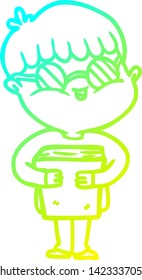 cold gradient line drawing of a cartoon boy wearing spectacles carrying book