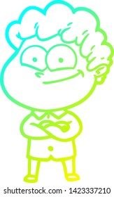 cold gradient line drawing of a cartoon happy man