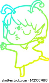 cold gradient line drawing of a cartoon alien girl
