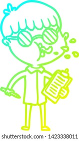 cold gradient line drawing of a cartoon boy wearing spectacles with clip board