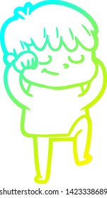 cold gradient line drawing of a cartoon happy boy