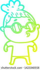 cold gradient line drawing of a cartoon woman wearing glasses