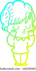 cold gradient line drawing of a cartoon woman