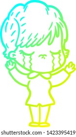 cold gradient line drawing of a cartoon woman crying