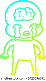 cold gradient line drawing of a cartoon big brain alien crying