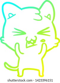 cold gradient line drawing of a cartoon cat hissing