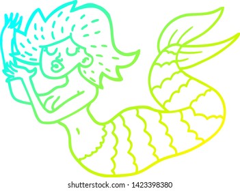 desenho de linha de gradiente frio de uma sereia de mulher de desenho animado