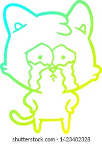 cold gradient line drawing of a cartoon crying cat
