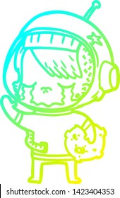 cold gradient line drawing of a cartoon crying astronaut girl carrying rock sample