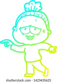 cold gradient line drawing of a cartoon happy old lady