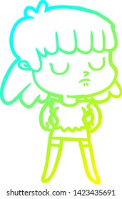 cold gradient line drawing of a cartoon indifferent woman