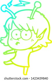 cold gradient line drawing of a cartoon alien girl