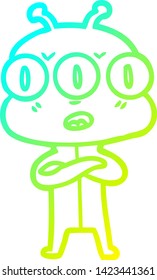 cold gradient line drawing of a cartoon three eyed alien