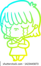 cold gradient line drawing of a cartoon woman crying