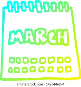 dibujo de línea de degradado frío de un calendario de dibujos animados que muestra el mes de marzo