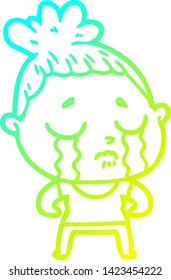 cold gradient line drawing of a cartoon tough woman crying
