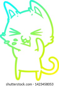cold gradient line drawing of a cartoon cat hissing