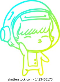 cold gradient line drawing of a cartoon curious astronaut waving