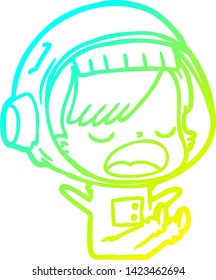dibujo en línea de gradiente frío de una astronauta de dibujos animados explicando
