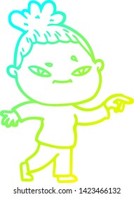 cold gradient line drawing of a cartoon woman