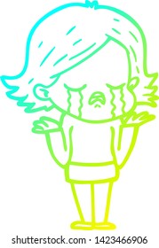 cold gradient line drawing of a cartoon girl crying